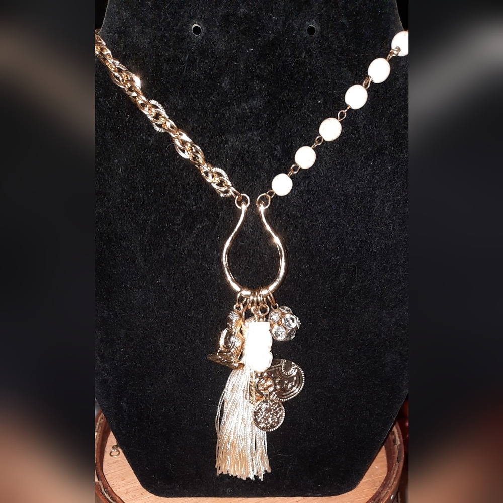 Buddha multi charm pendant gemstone bead goldtone necklace tassel Tribal - Picture 5 of 16